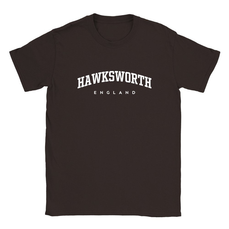 Hawksworth T Shirt which features white text centered on the chest which says the Village name Hawksworth in varsity style arched writing with England printed underneath.