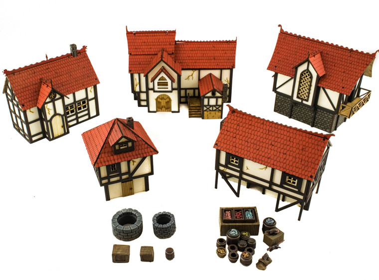 Medieval Town Set of 5 Houses with Resin Scatter Terrain - (Painted or Unpainted)