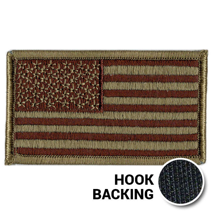 Embroidered American flag patch with hook backing in OCP Multicam