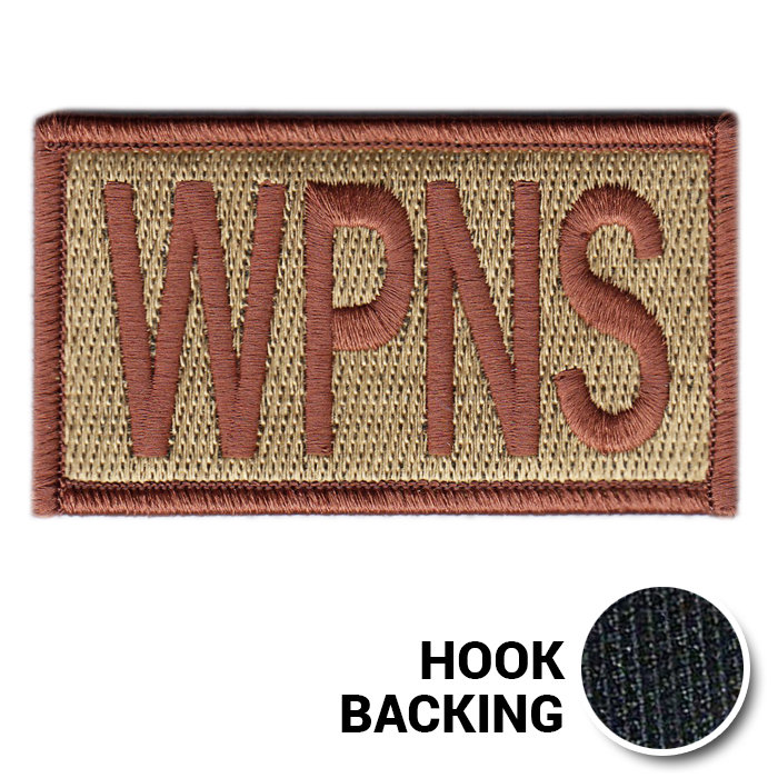 Weapons (WPNS) duty identifier with bagby green background and spice brown lettering and details, front view