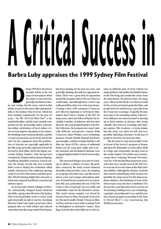 A Critical Success in an Uncertain Climate: Barbra Luby Appraises the 1999 Sydney Film Festival