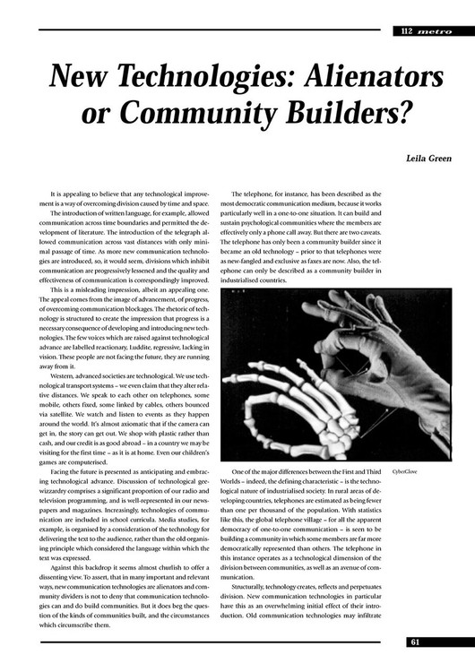 New Technologies: Alienators or Community Builders?