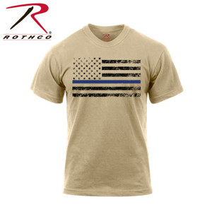 Rothco Thin Blue Line T-Shirt Desert Sand w/ Black Flag Size L