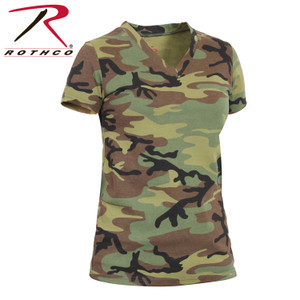 Rothco Womens Long Length Camo V-Neck T-Shirt Woodland Camo Size XS