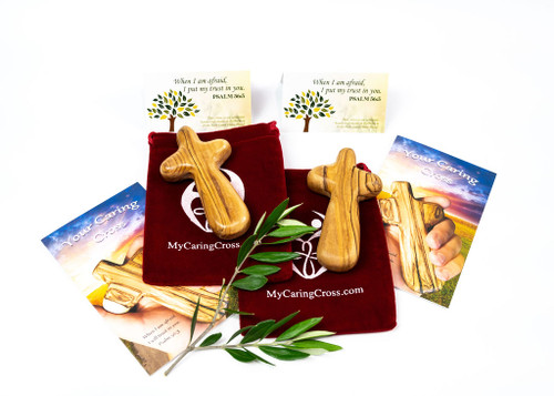  2 Olive Wood Comfort Cross Gift Sets Holding Crosses A+ Certified 