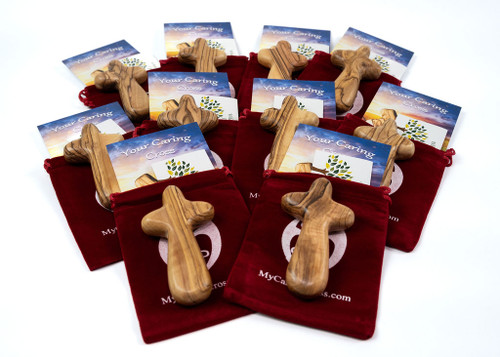 10 Olive Wood Comfort Cross Gift Sets Holding Crosses A+ Certified 