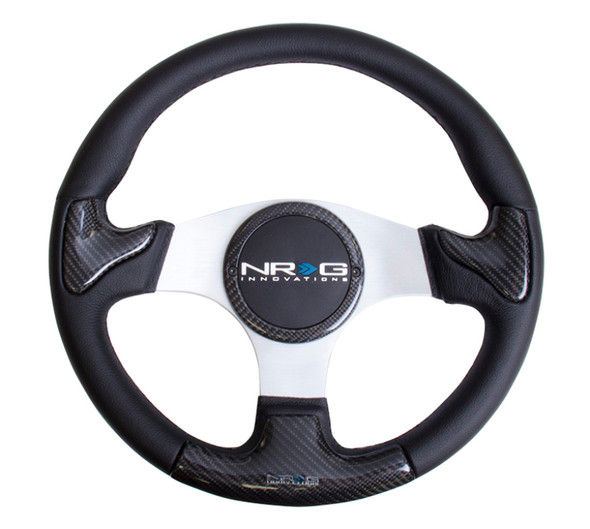 NRG Carbon Fiber Steering Wheel (350mm) Silver Frame Blk Stitching w/Rubber Cover Horn Button - MSM-T-171424