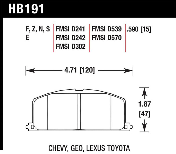 Hawk 86-88 Chevy Nova / 90-92 Geo Prizm GSI / 90-92 Prizm LSI / Toyota (Various) Race Front Brake Pa - HAWKPERFORMANCEHB191E.590