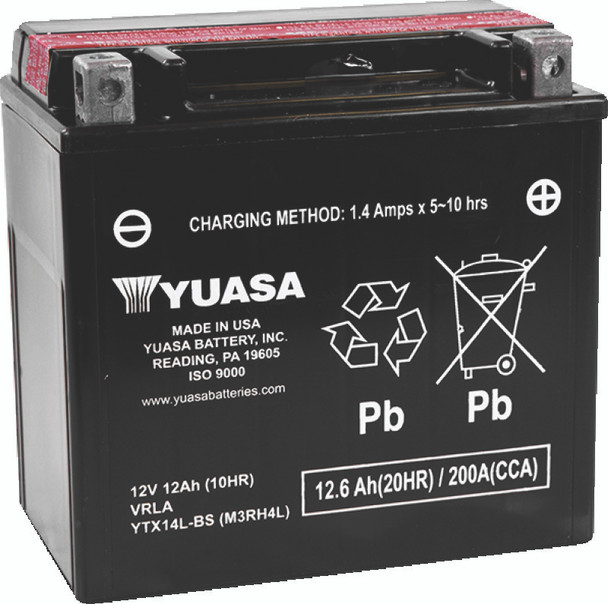 Yuasa YTX14L-BS Maintenance Free AGM 12-Volt Battery w/Bottle - YUASABATTERYYUAM3RH4L