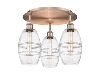 Downtown Urban Three Light Flush Mount in Antique Copper (405|516-3C-AC-G557-6CL)