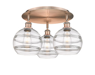 Downtown Urban Three Light Flush Mount in Antique Copper (405|516-3C-AC-G556-8CL)