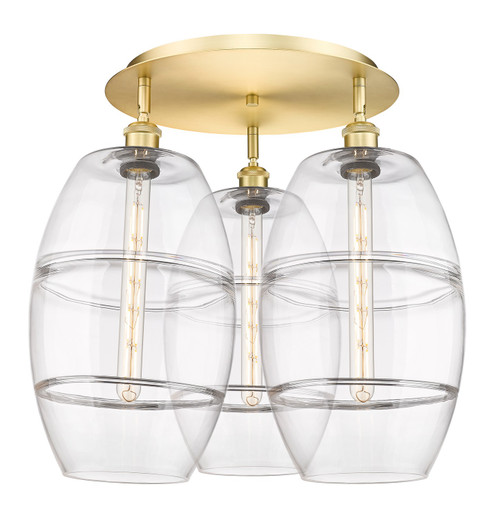 Downtown Urban Three Light Flush Mount in Satin Gold (405|516-3C-SG-G557-10CL)