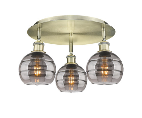 Downtown Urban Three Light Flush Mount in Antique Brass (405|516-3C-AB-G556-6SM)