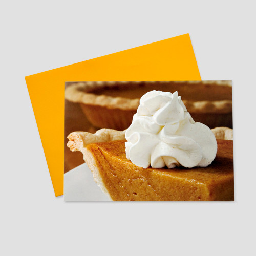 Employee Thanksgiving greeting card featuring a large image of a slice of delicious pumpkin pie