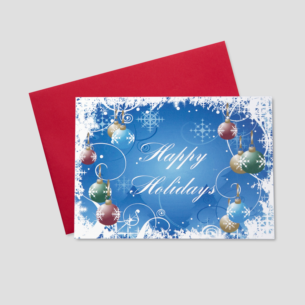 Employee Holiday greeting card with a happy holidays message in script font surrounded by falling blue snowflakes and colorful ornaments