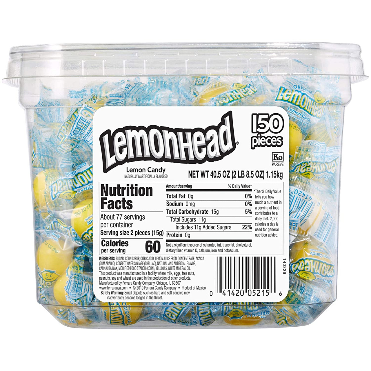 LemonHead Lemon Candy, Individually Wrapped, 40.5 Oz Tub (150 Pieces)