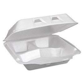 Foam Hinged Lid Containers, Dual Tab Lock Economy, 3-compartment, 9.13 X 9 X 3.25, White, 150/carton Foam Hinged Lid Containers, Dual Tab Lock Economy, 3-compartment, 9.13 X 9 X 3.25, White, 150/carton
