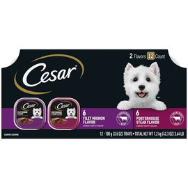 Cesar Canine Cuisine Porterhouse Steak and Filet Mignon Flavor in Meaty Juice, 3.5 Ounce Tray, 12 per pack, 2 packs per case.