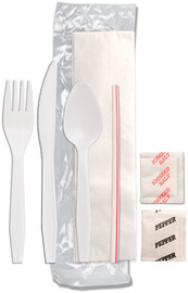 D & W Fine Pack Senate Individually Wrapped White Cutlery Kit Fork, Knife, Spoon, Straw, Salt, Pepper, Ply Napkin, 500 Per Box