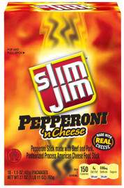 Slim Jim Pork & Beef Pepperoni  N Cheese Snack Sticks, 1.5 Ounce, 18 Per Box, 6 Per Case