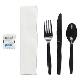 Six-piece Cutlery Kit, Condiment/fork/knife/napkin/teaspoon, Black, 250/carton