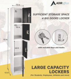 AdirOffice Steel Storage Locker, 4 Compartment, 12 X 12 X 72, Black
