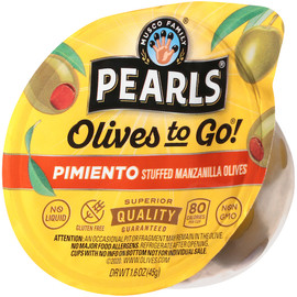 Pearls Pimento Stuffed Manzanilla Olives To Go, 1.6 Ounce, 12 Per Pack, 8 Per Case
