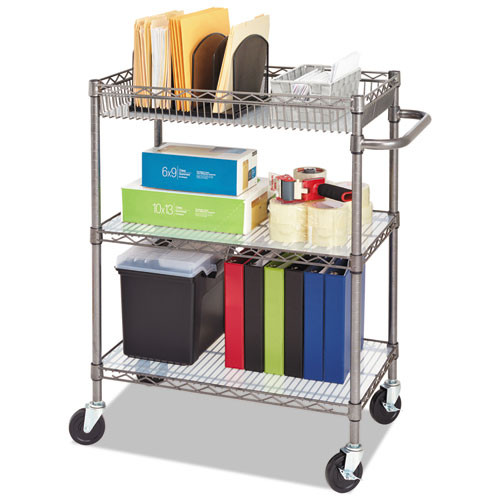 Three-tier Wire Cart With Basket, 34w X 18d X 40h, Black Anthracite