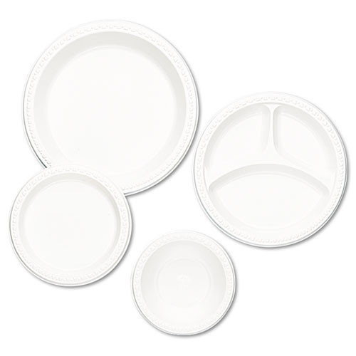 Plastic Dinnerware, Compartment Plates, 9" Dia, White, 125/pack