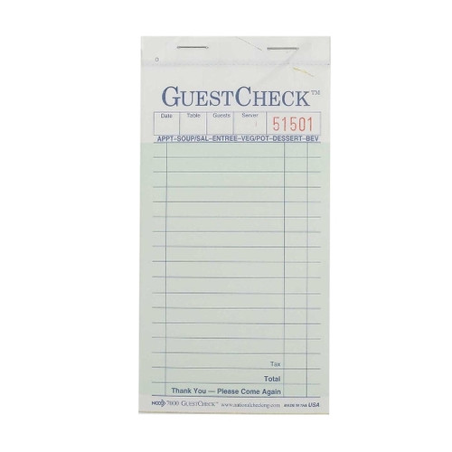National Checking 3.5 Inch X 6.75 Inch 2 Part Carbonless Green Guest Check, 2500 Per Case