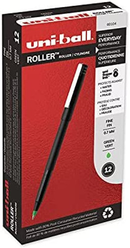 Uni-ball Stick Roller Ball Pen, Fine 0.7mm, Green Ink, Black Matte Barrel, Dozen