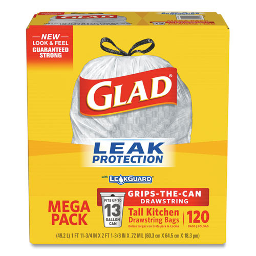 Glad ForceFlexPlus OdorShield Tall Kitchen Drawstring Trash Bags, 13 gal, 23.75" x 25.38", White, 120/Box