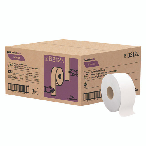 Cascades PROSelect Jumbo Bath Tissue, Septic-safe, 1-ply, White, 3.3" X 2,000 Ft, 12 Rolls/carton
