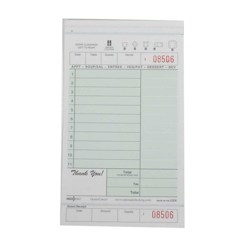 Ncco National Checking 4.25 Inch X 7.25 Inch 2 Part Green Carbonless 11 Line Guest Check, 2000 Each