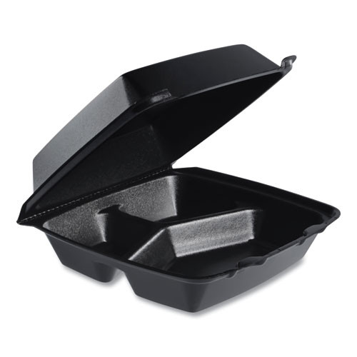 Dart Insulated Foam Hinged Lid Containers, 3 Compartments, 7.96 X 3.2 X 8.36, Black, Foam, 200/carton