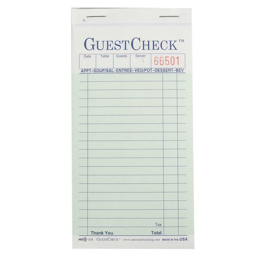 Ncco National Checking 3.5 Inch X 6.75 Inch 2 Part Green Carbonless 19 Line Guest Check, 2500 Each, 1 Per Case