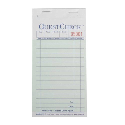 Ncco 3.5 Inch X 6.75 Inch 2 Part Carbon Green 17 Line Guest Check, 2500 Per Case