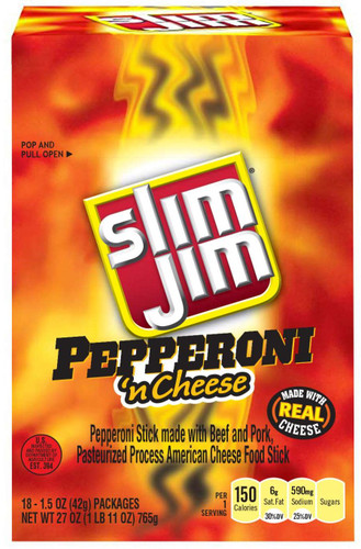 Slim Jim Pork & Beef Pepperoni N Cheese Snack Sticks, 1.5 Ounce, 18 Per Box, 6 Per Case