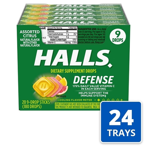 Halls Vitamin C Assorted Citrus Defense, 9 Count, 20 Per Pack, 24 Per Case