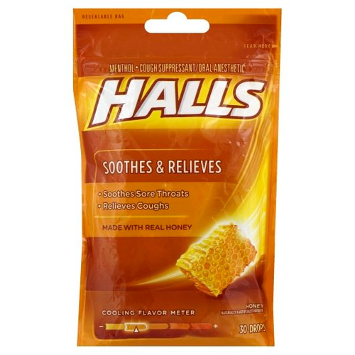 Halls Honey Cough Drops, 30 Count, 12 Per Pack, 4 Per Case