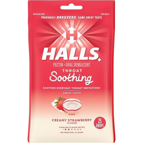 Halls Breezers Creamy Strawberry Cough Drops, 25 Count, 12 Per Pack, 4 Per Case