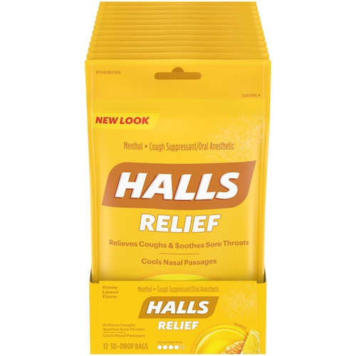Halls Honey Lemon Cough Drops, 30 Count, 12 Per Pack, 4 Per Case