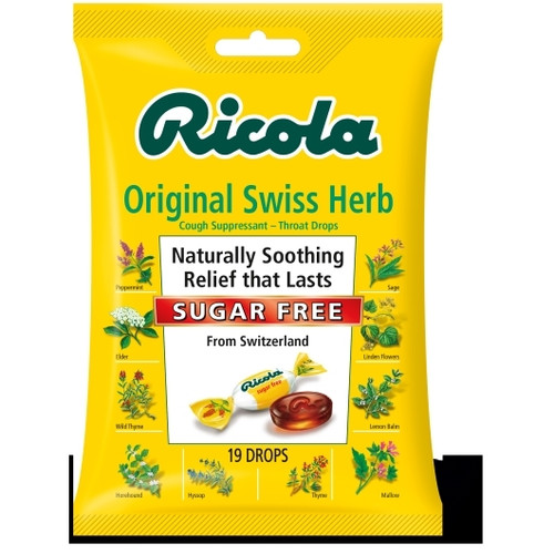 Ricola Unsweetened Swiss Herbed Cough Drop Bags, 19 Count, 8 Per Pack, 6 Per Case