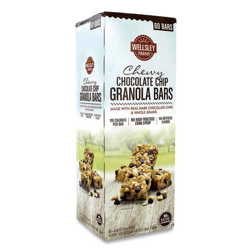 Wellsley Farms Chewy Chocolate Chip Granola Bars, 0.88 Oz Bar, 60 Bars/box