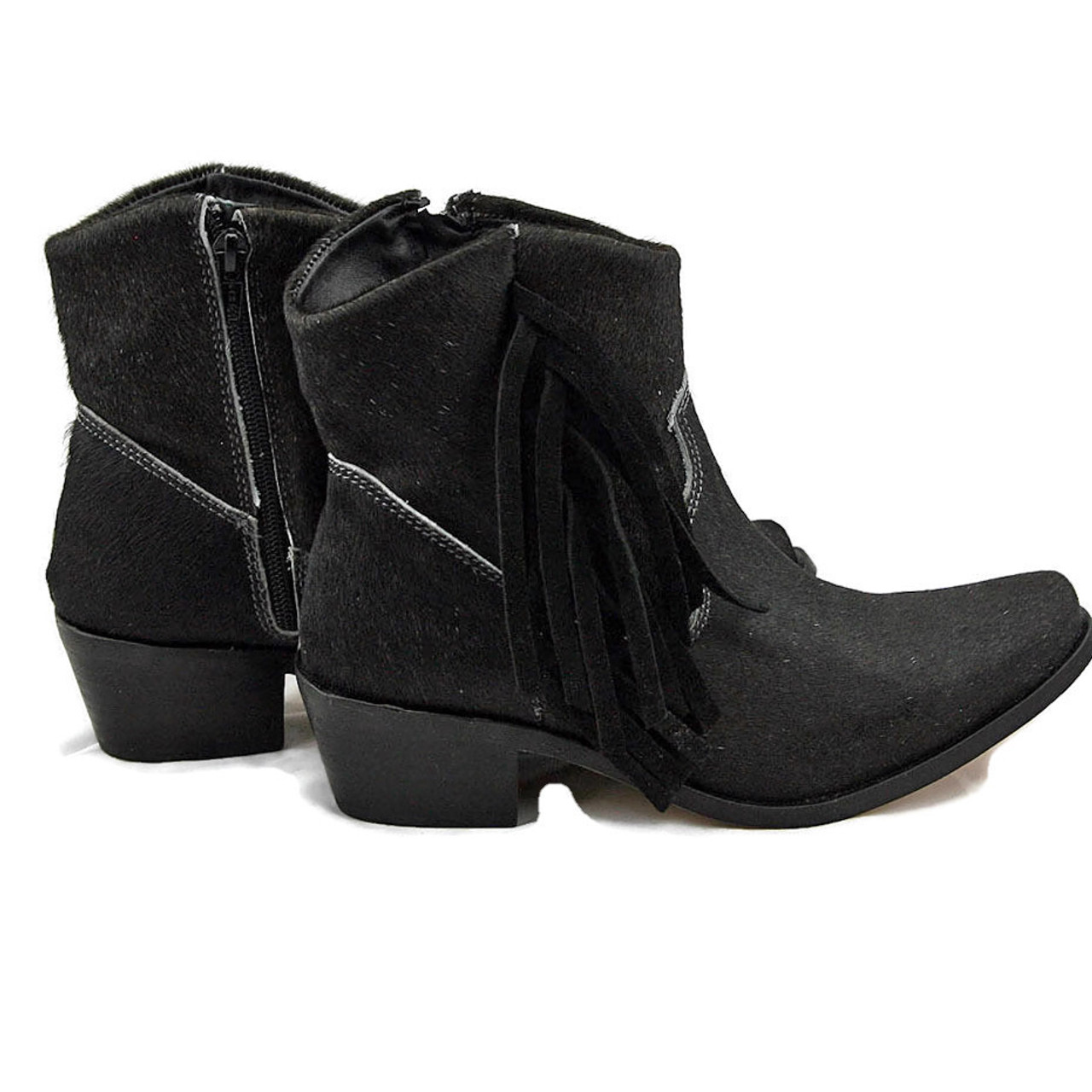 Ankle Boots - Black Cowhide with Fringe - AgaveSky
