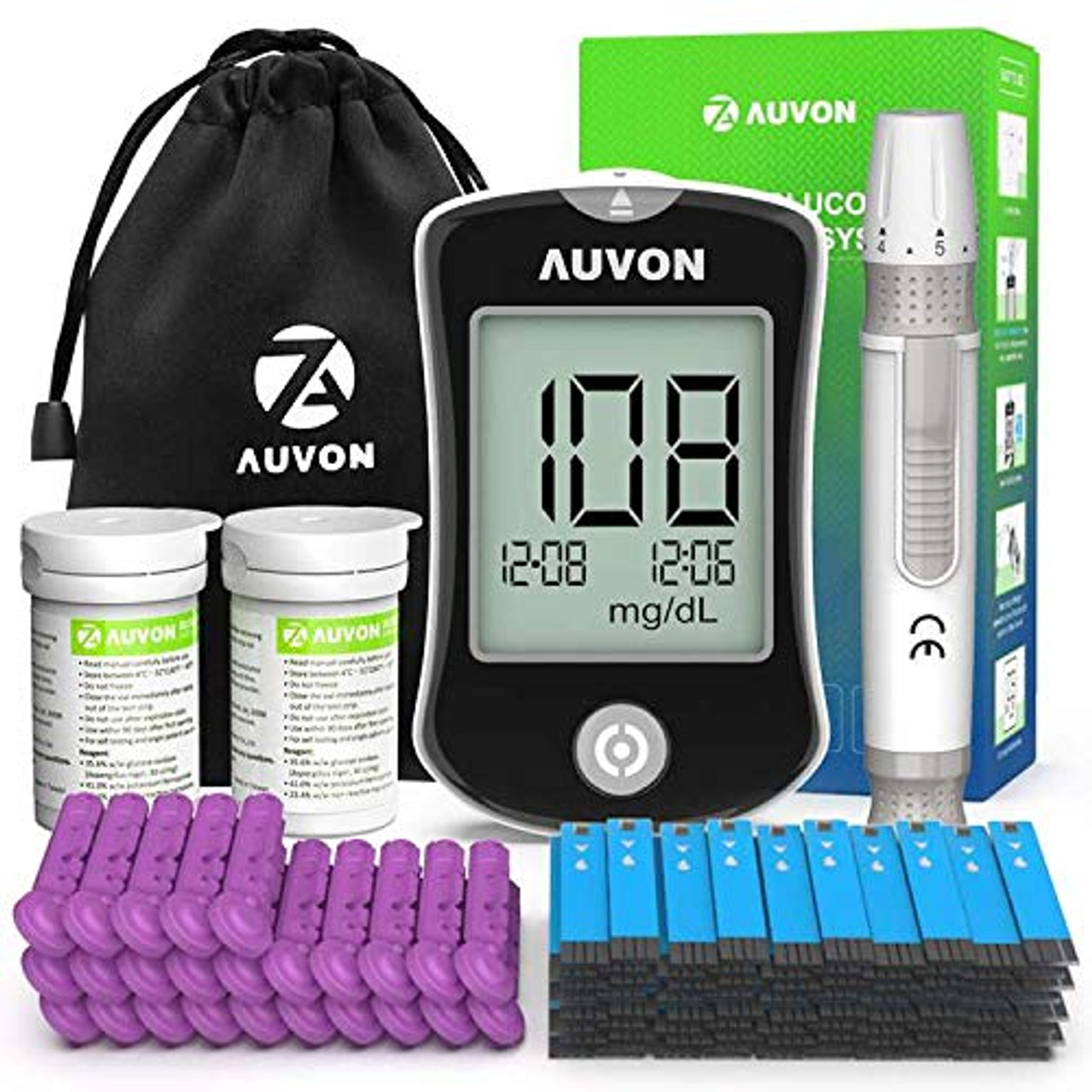 AUVON Blood Glucose Monitor Kit, Blood Sugar Test Kit with 50 Glucometer  Strips, 50 30G Lancets, 1 Lancing Devices
