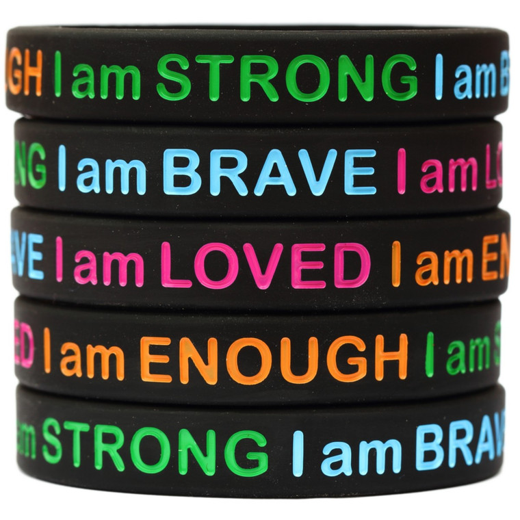 5 of I am Strong Brave Loved Enough Wristbands