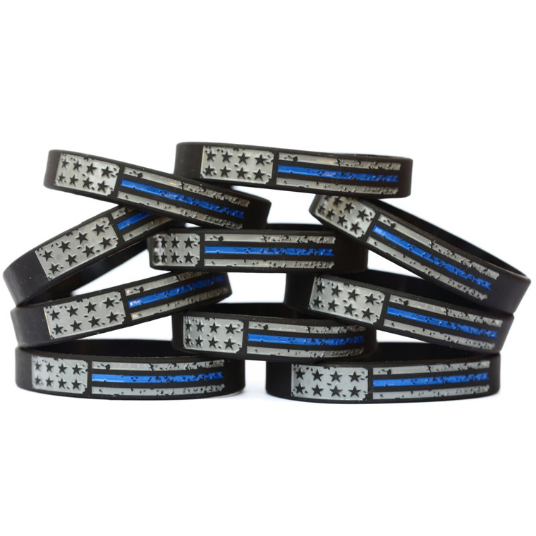 10 of Worn Distressed Flag Blue Line Wristbands