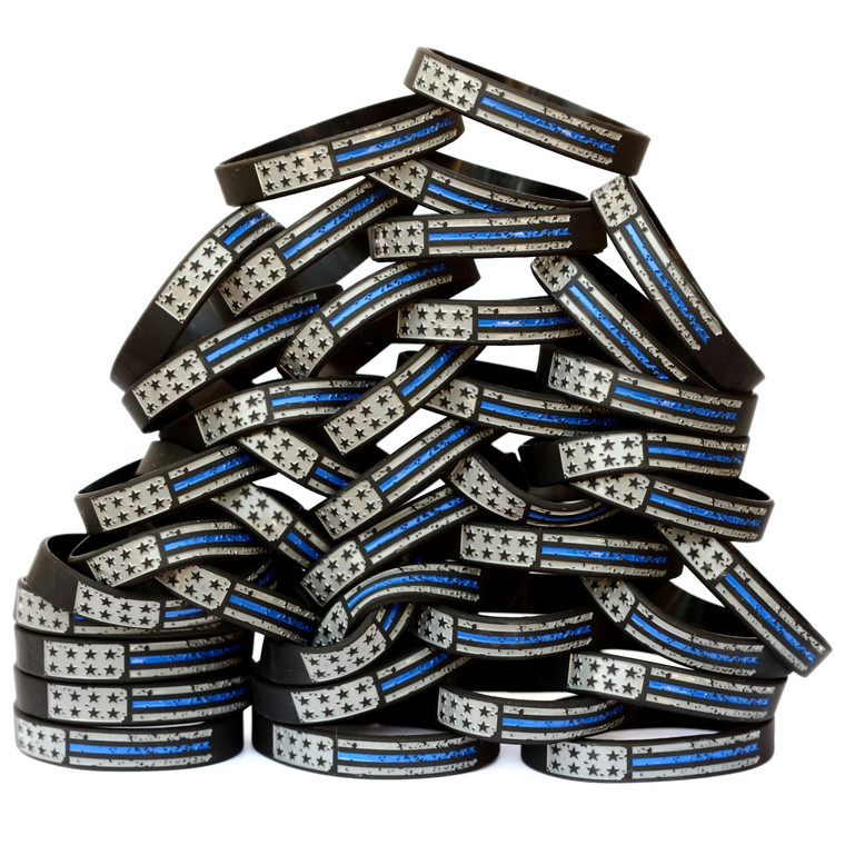 100 of Worn Distressed Flag Blue Line Wristbands