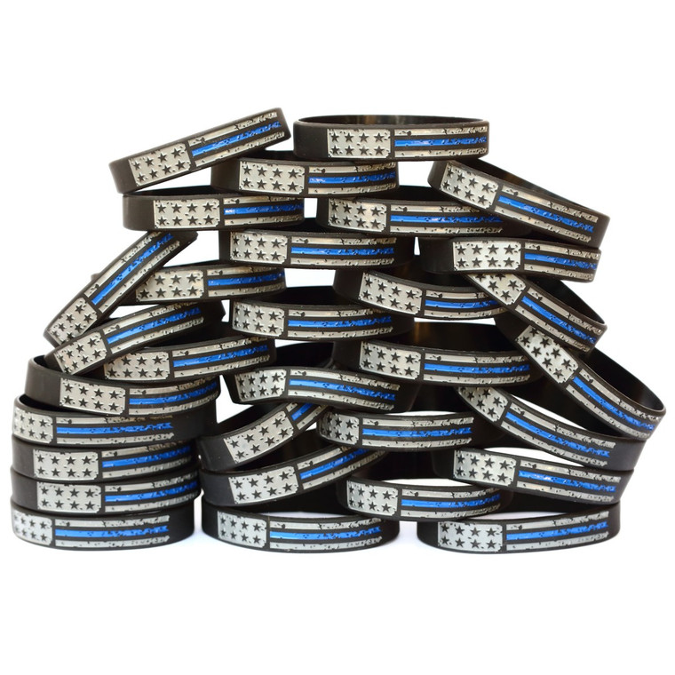 50 of Worn Distressed Flag Blue Line Wristbands